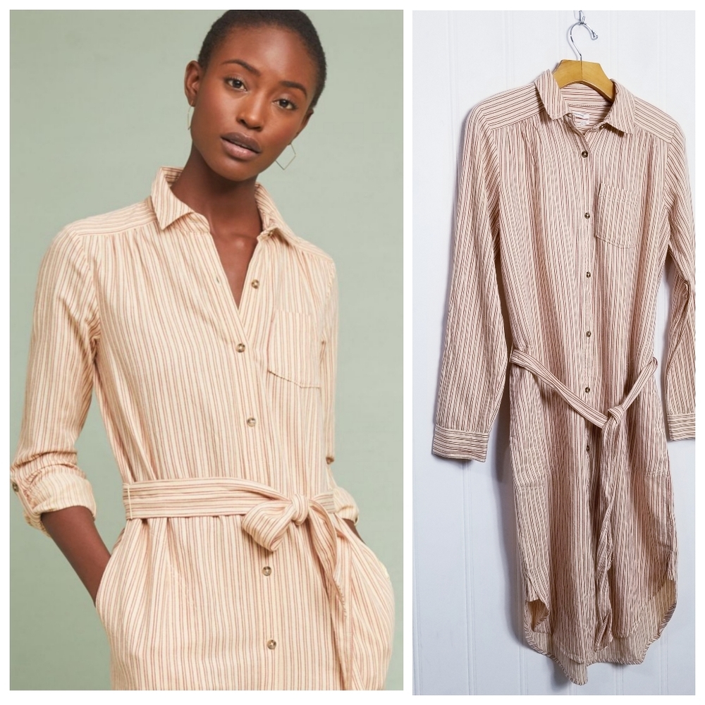 NWT Anthropologie Dress Size 2 Bellamy Striped Belted Midi Shirtdress Peach Red